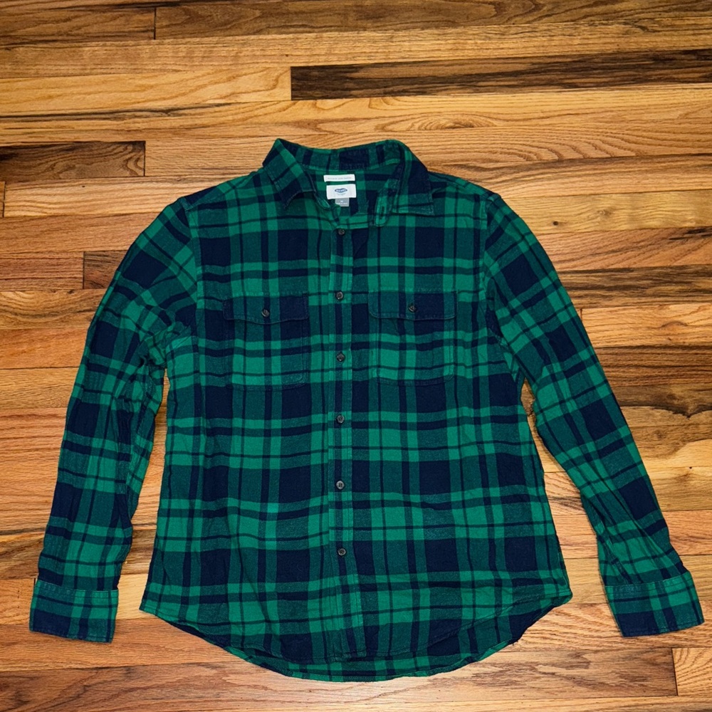 Men’s Old Navy Button Down Flannel Shirt Medium Green/Navy Plaid